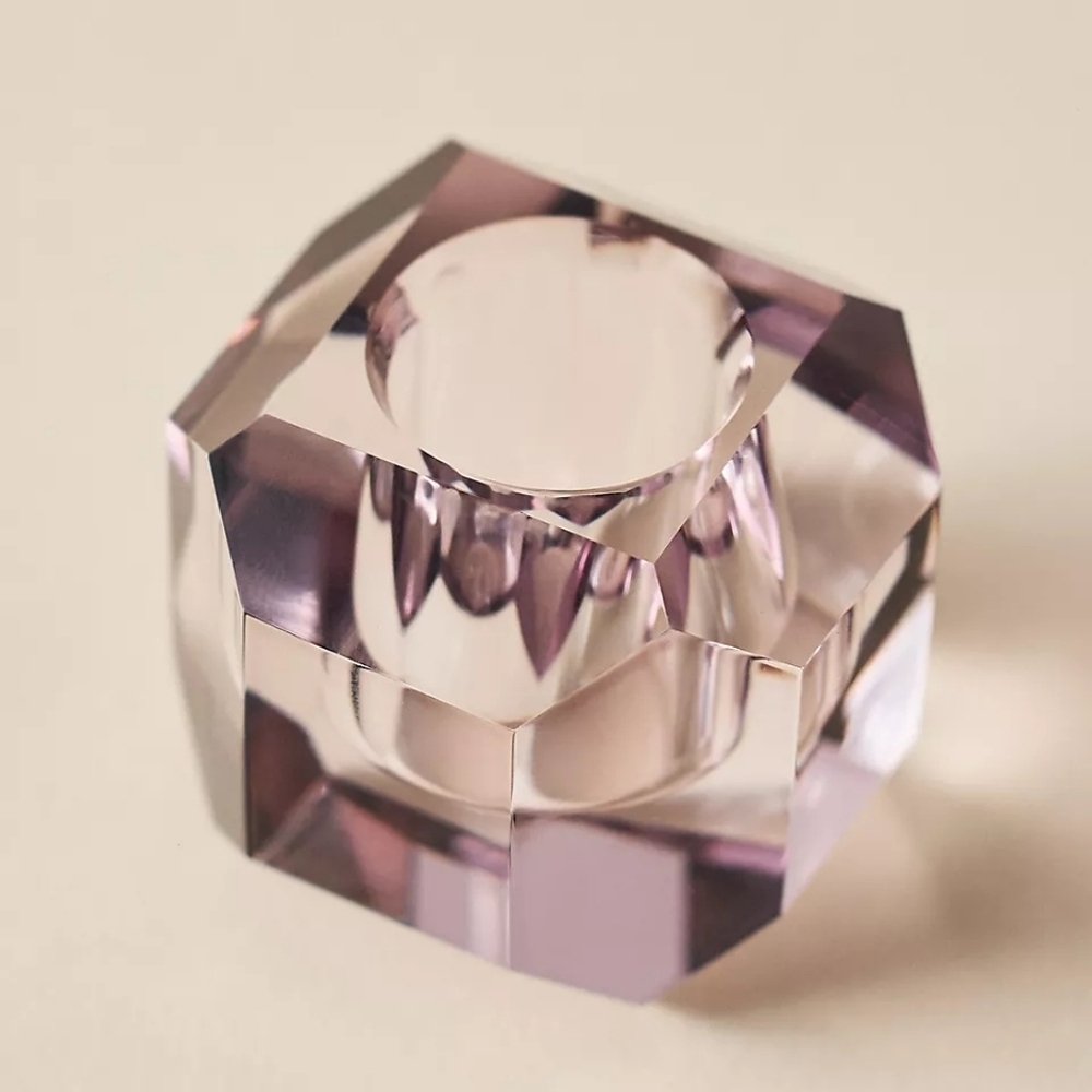 Anthropologie Modern Cut Glass Candle Holder in Lilac, NIB.